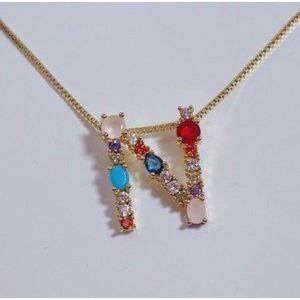 *50% OFF! N initial necklace multi stone jewels monogram gold multicolor
